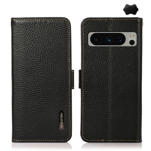 Google Pixel 8 Pro KHAZNEH Side-Magnetic Litchi Genuine Leather RFID Phone Case - Black